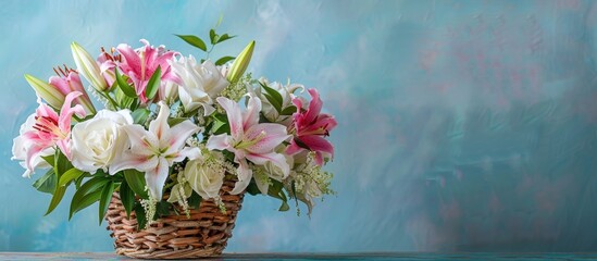 Aufkleber - A stunning arrangement of pink lilies and white roses displayed in a rustic wicker basket set against a serene blue backdrop with copy space image
