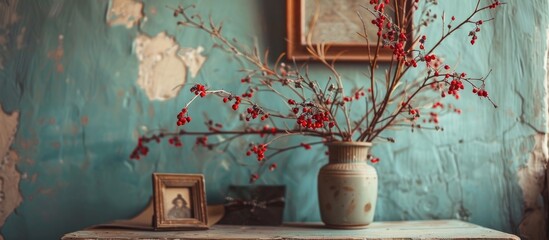 Aufkleber - Wooden table adorned with hawthorn branches and red berries in a vase accompanied by a picture and decorative letter providing copy space image