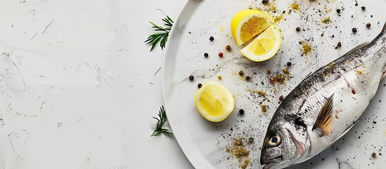 Poster - An uncooked dorado fish seasoned with spices and lemon on a plate with a white table background for a copy space image