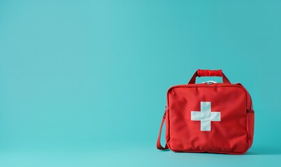 blue backdrop with a red first aid kit or bag and copy space, generative ai.