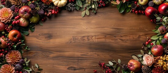 Aufkleber - Top view of a stunning autumn wreath featuring flowers berries and fruits on a wooden backdrop offering ample copy space image