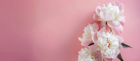 Aufkleber - White peonies blooming against a soft pink backdrop with ample copy space for product presentations or design layouts in a flat lay composition