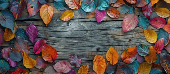 Aufkleber - Weathered wooden backdrop adorned with vibrant multicolored leaves creating an eye catching copy space image