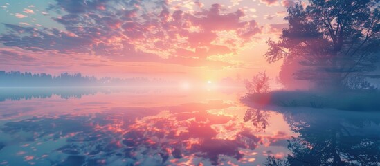 Poster - Sunrise reflecting on a lake in a nature landscape with room for additional information or text in the image