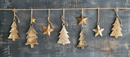 Aufkleber - Gold Christmas tree ornaments on a vintage wooden blackboard with space for text or images perfect for a holiday card decoration. Creative banner. Copyspace image