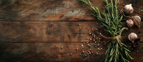 Poster - Rosemary is tied to a wooden surface with spices surrounding it creating a visually appealing copy space image from a top down perspective
