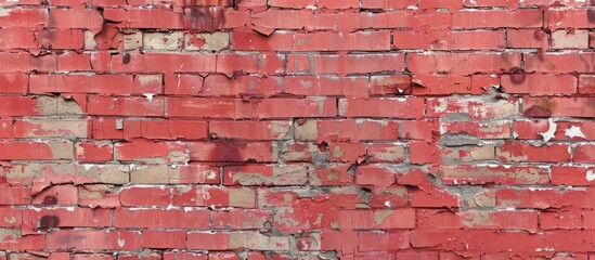 Canvas Print - Old brick wall with peeling paint creating a weathered and worn grungy red stonewall backdrop for a shabby building facade suitable for abstract designs with a copy space image