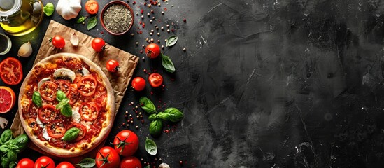 Poster - Pizza ingredients and cooked pizza on a black backdrop with a banner providing copy space Background for cooking scenes
