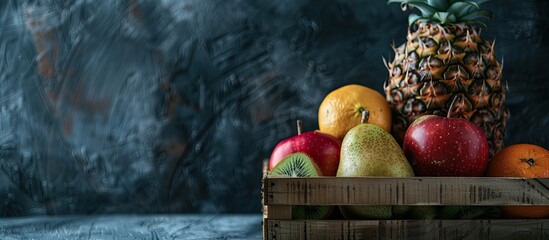Poster - Wooden box contains a variety of fruits like pineapple garnet tangerine apple and kiwi with a complimentary copy space image in the background