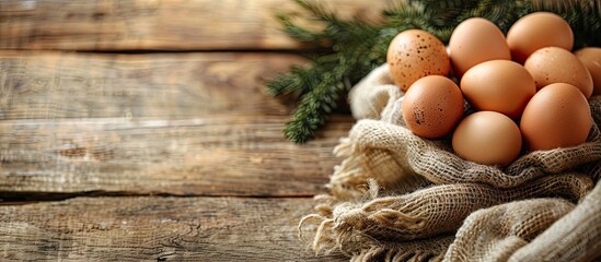 Aufkleber - A rustic style Easter photo concept featuring fresh organic eggs on a wooden background with ample copy space for text or images