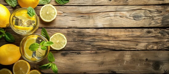 Aufkleber - Wooden background with fresh lemonade composition featuring copy space image