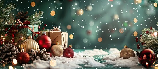 Poster - Festive Christmas scene with ornaments presents and twinkling fairy lights on a snowy green table creating a lively copy space image
