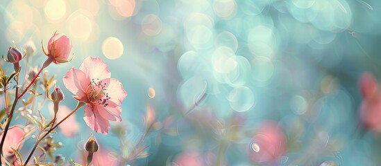 Wall Mural - Soft floral card with a rosehip in bloom during spring or summer set against a blurred bokeh flower background for a pastel toned copy space image