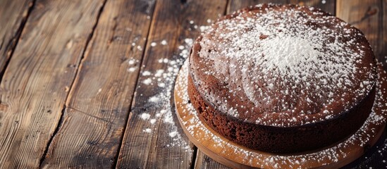 Poster - Rustic chocolate cake topped with powdered sugar displayed on a wooden table with copy space image