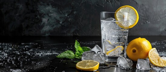 Aufkleber - Fresh cold carbonated water with ice lemon slices and soda on black background with copy space image
