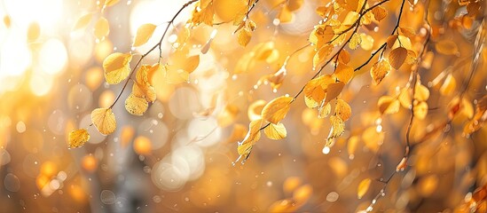 Aufkleber - Soft focused hanging birch branches with yellow foliage in sunlight set amidst an autumn forest backdrop with a blurred effect creating an artistic copy space image