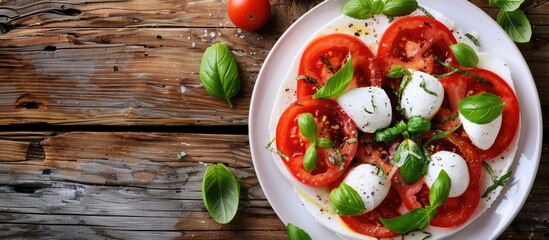 Top view of a plate with caprese salad a classic Italian dish featuring cherry tomatoes fresh mozzarella and basil leaves on a rustic wooden table with copy space image