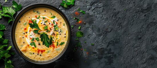 Poster - A homemade Mulligatawny cream soup featuring lentils parsley cream and chicken is elegantly presented on a gray slate background with a copyspace image shown in a horizontal view