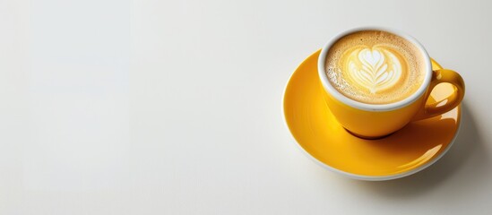 Aufkleber - Yellow cup with cappuccino coffee on a blank white background suitable for copy space image