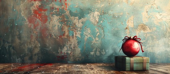 Poster - A festive Christmas scene with a box and a ball displayed on a vintage background perfect for adding in a copy space image