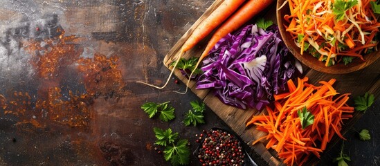 Wall Mural - Fresh vegetables like chopped carrot and cabbage are arranged on a wooden cutting board in a rustic style top view ideal for a healthy food concept with copy space image