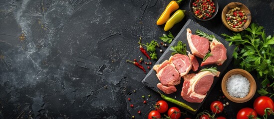 Poster - Top view of fresh pork steaks on a cutting board surrounded by cooking ingredients on a dark stone table with a spacious copy space image