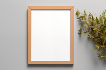 blank wooden photo poster frame mockup on grey background