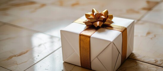 Leinwandbilder - A white gift box tied with a golden ribbon placed on the floor emphasizing Christmas New Year and Valentine s Day themes with ample copy space and negative space for customization