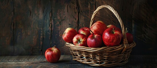 Leinwandbilder - A rustic display of ripe red apples arranged in a wicker basket against a dark wooden backdrop evoking an autumn harvest scene with a flat lay composition and selective focus around a copy space image