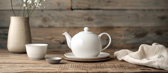 Poster - A white ceramic teapot with accessories on a wooden table in a horizontal frame creating a serene tea time atmosphere with a ritual of making and drinking tea including copy space image