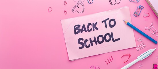 Sticker - Pink background with BACK TO SCHOOL text on paper ideal for banners and business covers Top view flat lay with ample copy space image