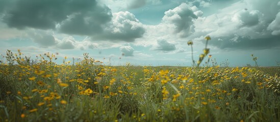 Aufkleber - A scenic meadow featuring yellow and green field plants set against a cloudy sky with an overhead copy space image