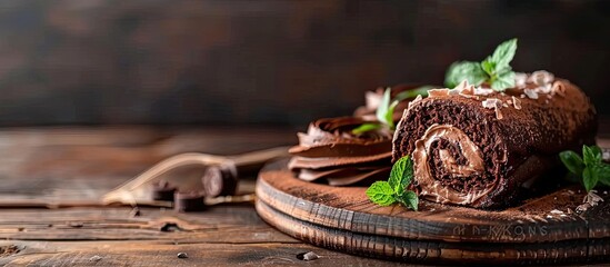 Poster - Wooden dish displaying an elegant chocolate roll cake with copy space image