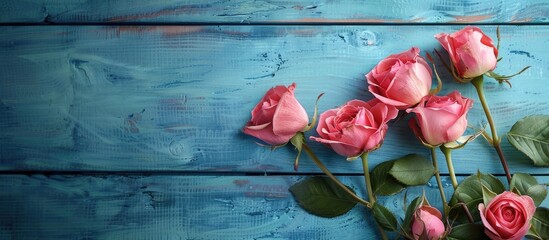 Poster - Vintage style copy space image of roses on a blue wooden surface for adding text