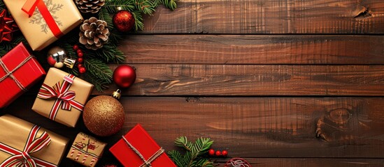 Aufkleber - Overview of Christmas presents on a wooden backdrop with a space for inserting images. Creative banner. Copyspace image