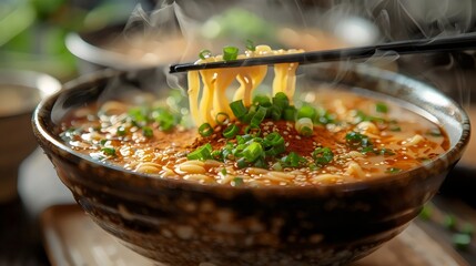 Canvas Print - A bowl of noodles with chopsticks in it