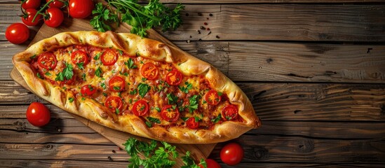 Poster - Georgian Khachapuri with tomatoes and paprika displayed from a top view on a wooden background with copy space image