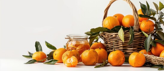 Aufkleber - Fresh tangerines with assorted baskets and bowls accompanied by a marmalade jar creating a vibrant image suitable for healthy eating messages with empty white copy space