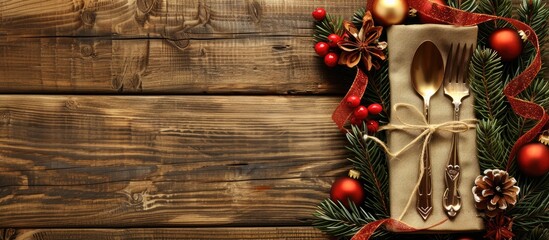 Poster - Wooden background with Christmas adornments a ribbon tied cutlery set on a napkin and a copy space image for your design embodying a New Year theme