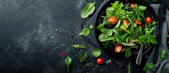 Aufkleber - Top view of a fresh vegetable and leafy green salad on a black stone table with black cutlery and basil arugula tomato dressing perfect for a copy space image