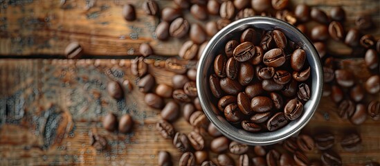 Poster - A top view of a filter holder filled with coffee beans on a wooden kitchen table with more beans in the background and ample copy space for your image