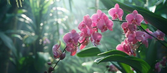 Leinwandbilder - A pink Moth Orchid blooms in a lush tropical garden in winter or spring making a lovely floral backdrop with a focused image area for text. Creative banner. Copyspace image