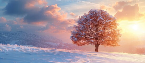 Aufkleber - Scenic winter landscape with a stunning tree at dusk offering ideal copy space image