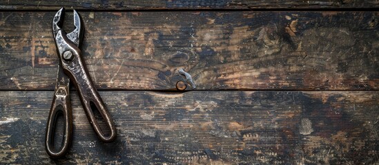 Poster - Vintage pliers displayed on a dark wooden surface with room for a copy space image