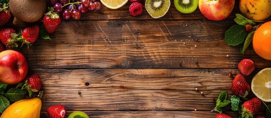Poster - Wooden table with a fruit frame is ideal for a copy space image emphasizing healthy food diet gardening or vegetarian ideas