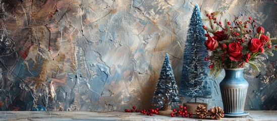 Poster - A festive winter themed postcard with decorative blue holiday trees wild berries and roses in a vase placed on a textured wall creating a stunning still life image with a Christmas concept