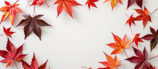 Aufkleber - White backdrop adorned with vibrant autumn maple leaves creating a picturesque copy space image