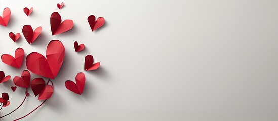 Leinwandbilder - A romantic paper cut concept with red hearts on a white background designed as a Valentine s Day greeting card with ample copy space image from a top view