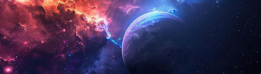 stunning cosmic scene featuring a vibrant nebula and planet, showcasing the beauty of deep space and