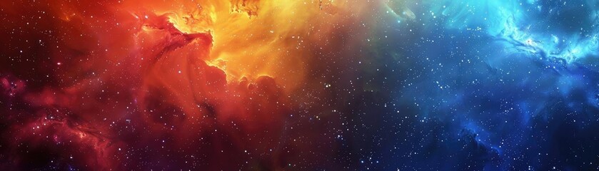 Poster - Stunning cosmic scene showcasing vibrant colors of orange, blue, and purple in a nebula-filled galaxy with sparkling stars.